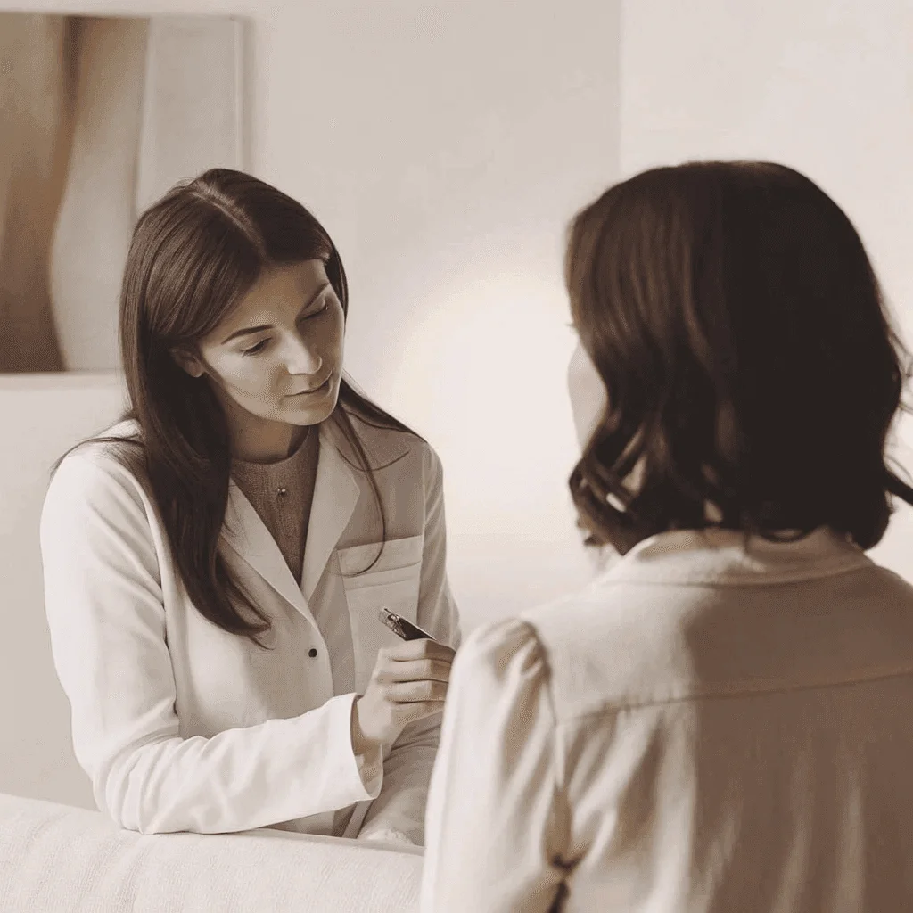 Practitioner consulting a client in the Velaine clinic