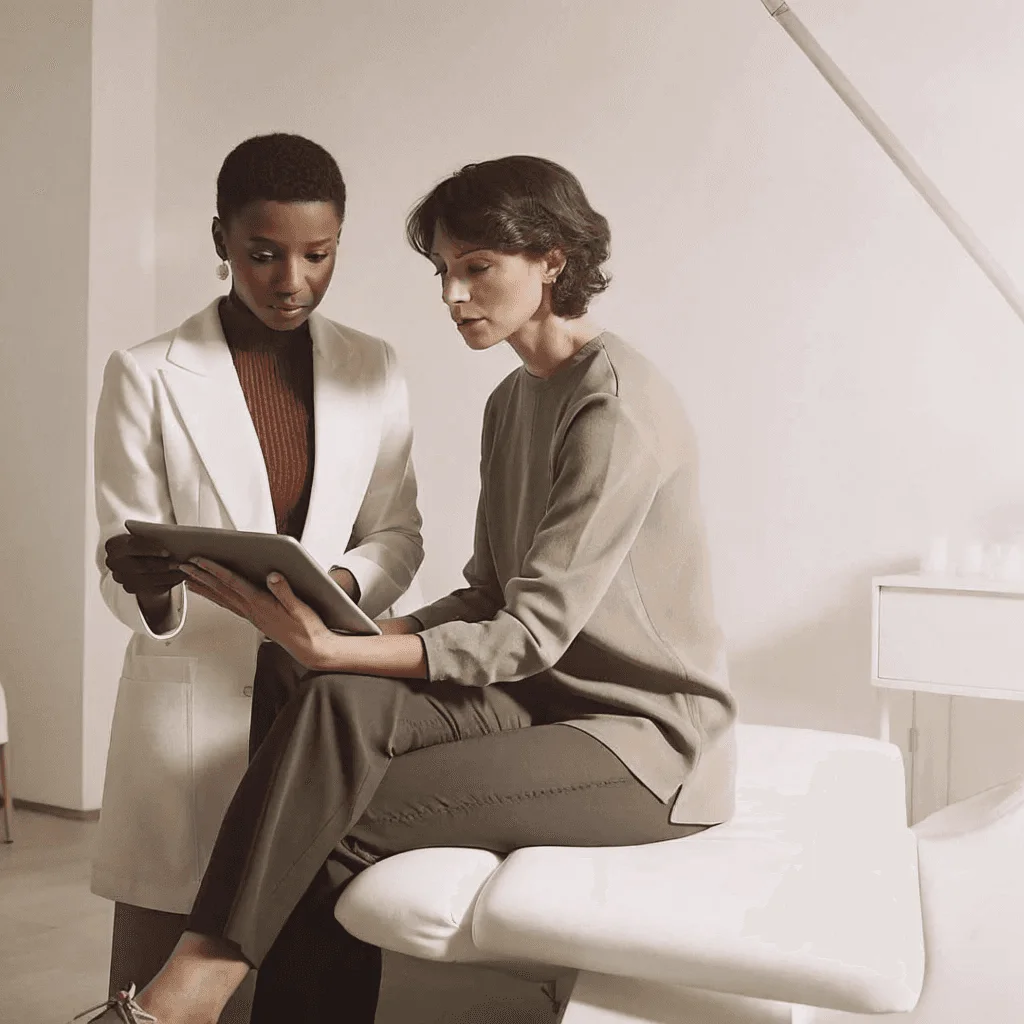 Practitioner reviewing a treatment plan with a client on a tablet