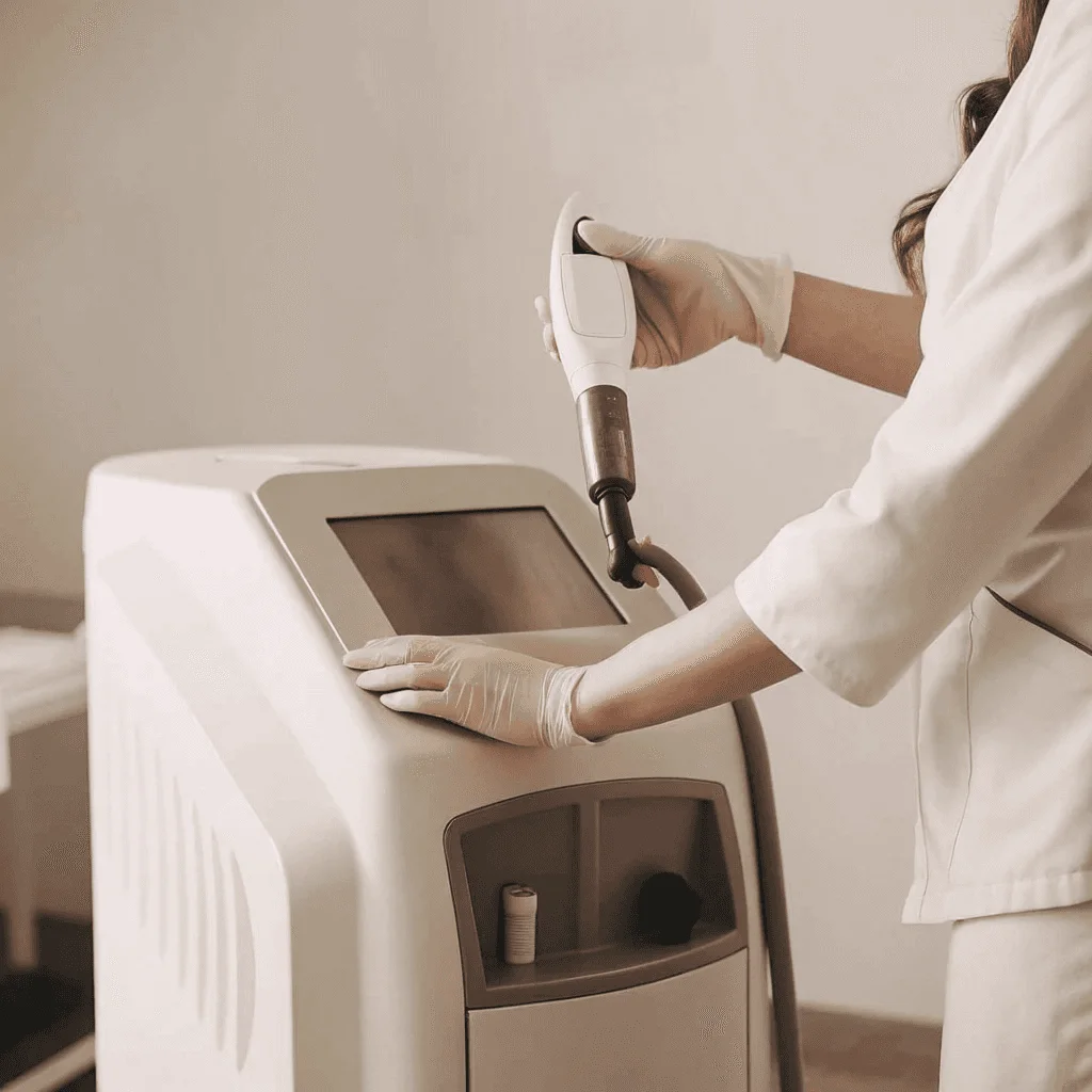 Practitioner operating a modern laser device