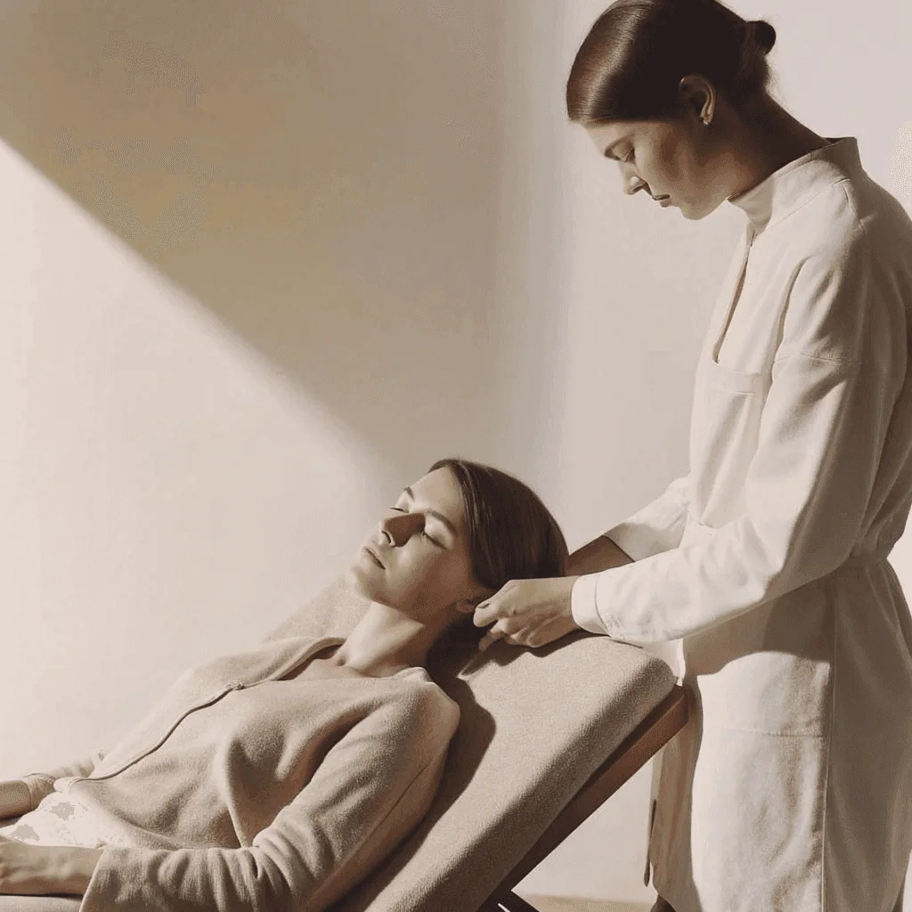 Client relaxing in a calm, private treatment room